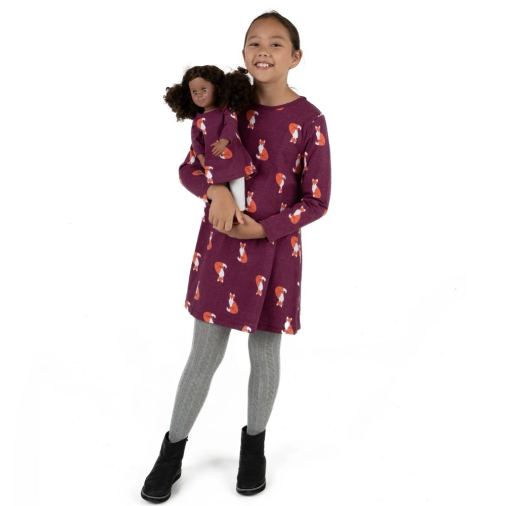 Leveret Kids Girls Fox Print Dress | Long Sleeve | Burgundy | Size 10